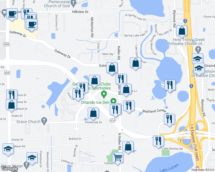 map of restaurants, bars, coffee shops, grocery stores, and more near 8770 Maitland Summit Boulevard in Orlando