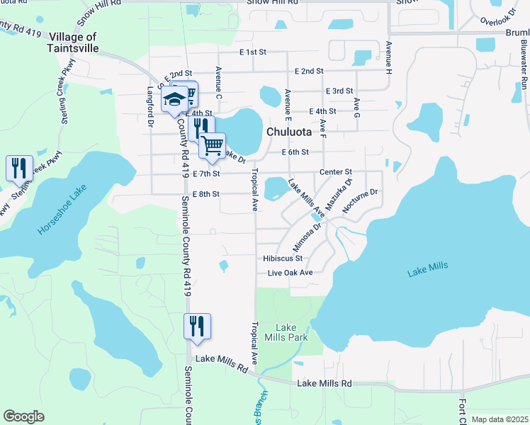 map of restaurants, bars, coffee shops, grocery stores, and more near 932 Emerald Drive in Chuluota