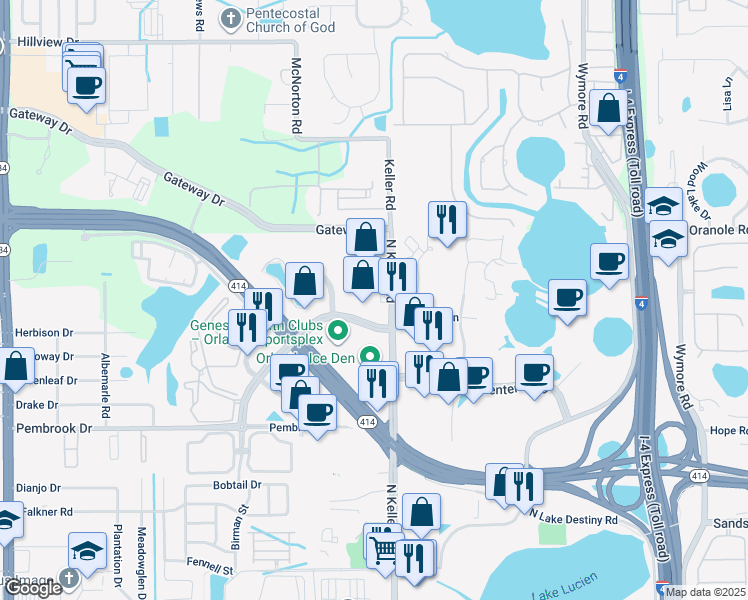 map of restaurants, bars, coffee shops, grocery stores, and more near 8700 Maitland Summit Boulevard in Orlando