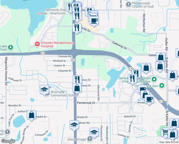 map of restaurants, bars, coffee shops, grocery stores, and more near 2537 Maitland Crossing Way in Orlando