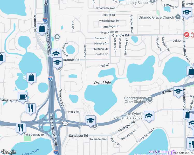 map of restaurants, bars, coffee shops, grocery stores, and more near 1403 Druid Isle Road in Maitland
