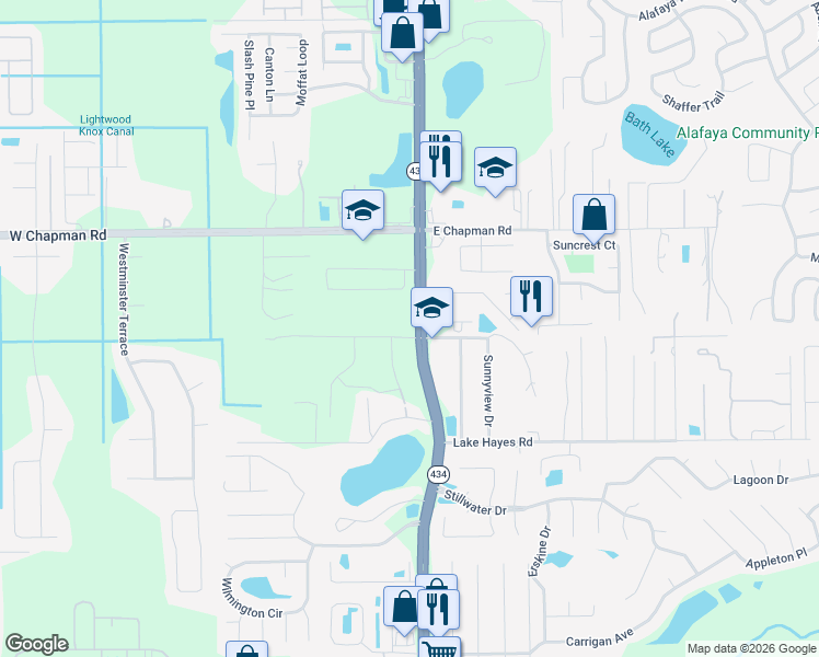 map of restaurants, bars, coffee shops, grocery stores, and more near 2155 Alafaya Trail in Oviedo