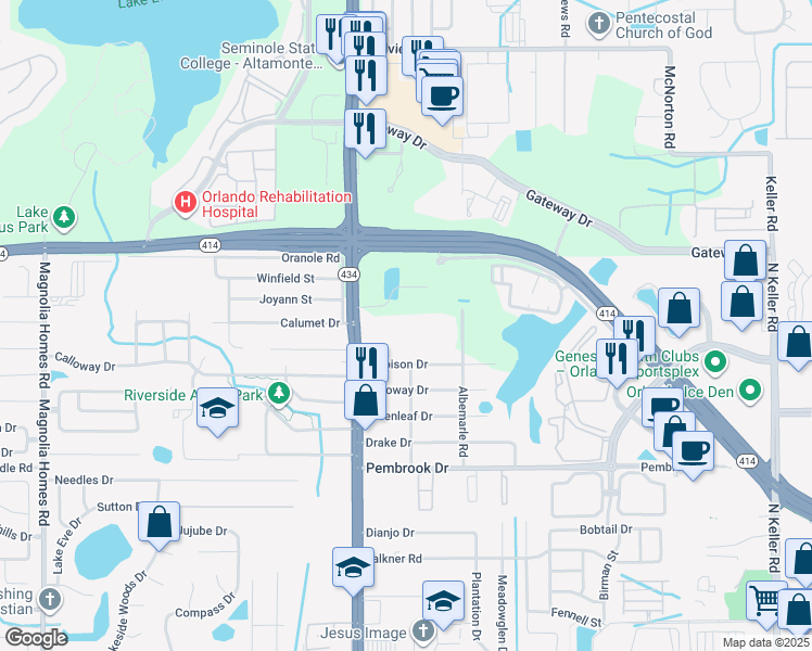 map of restaurants, bars, coffee shops, grocery stores, and more near 2537 Maitland Crossing Way in Orlando
