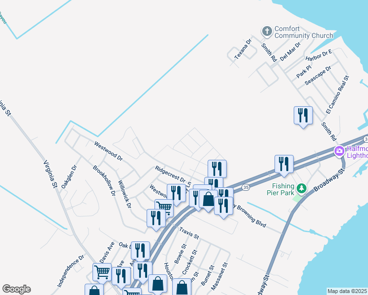 map of restaurants, bars, coffee shops, grocery stores, and more near 524 Village Road in Port Lavaca