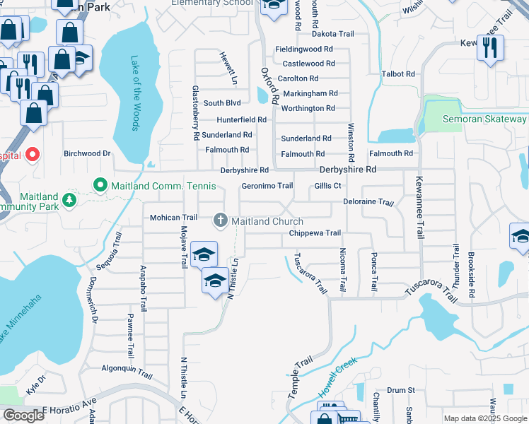 map of restaurants, bars, coffee shops, grocery stores, and more near 2050 Thunderbird Trail in Maitland