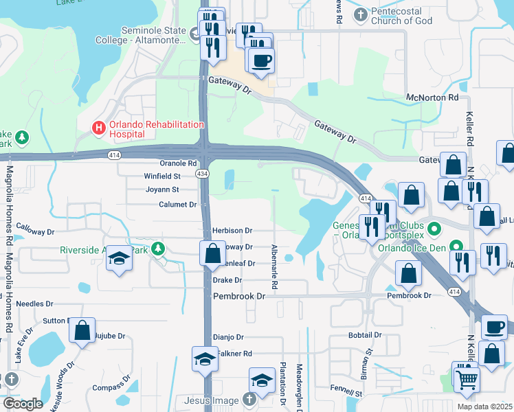 map of restaurants, bars, coffee shops, grocery stores, and more near 2549 Maitland Crossing Way in Orlando