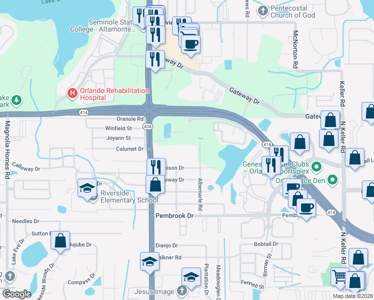 map of restaurants, bars, coffee shops, grocery stores, and more near 2537 Maitland Crossing Way in Orlando