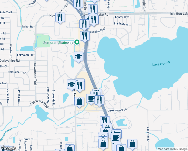 map of restaurants, bars, coffee shops, grocery stores, and more near 1150 Carmel Circle in Casselberry