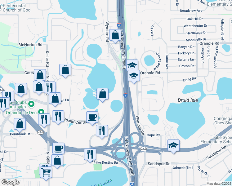 map of restaurants, bars, coffee shops, grocery stores, and more near 901 North Lake Destiny Road in Maitland