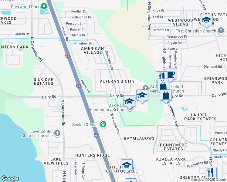 map of restaurants, bars, coffee shops, grocery stores, and more near 1530 Yorktown Avenue in Titusville
