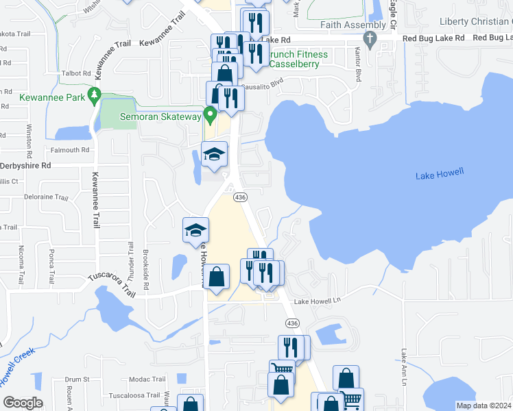 map of restaurants, bars, coffee shops, grocery stores, and more near 1150 Carmel Circle in Casselberry