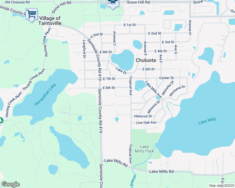 map of restaurants, bars, coffee shops, grocery stores, and more near 127 East 9th Street in Chuluota