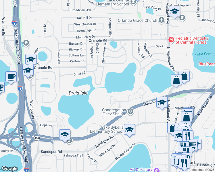 map of restaurants, bars, coffee shops, grocery stores, and more near 9021 Lake Hope Drive in Maitland