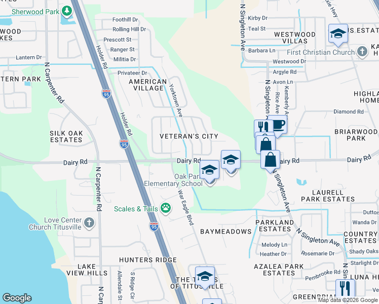 map of restaurants, bars, coffee shops, grocery stores, and more near 1520 Yorktown Avenue in Titusville