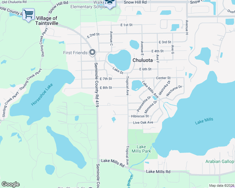 map of restaurants, bars, coffee shops, grocery stores, and more near 127 East 9th Street in Chuluota