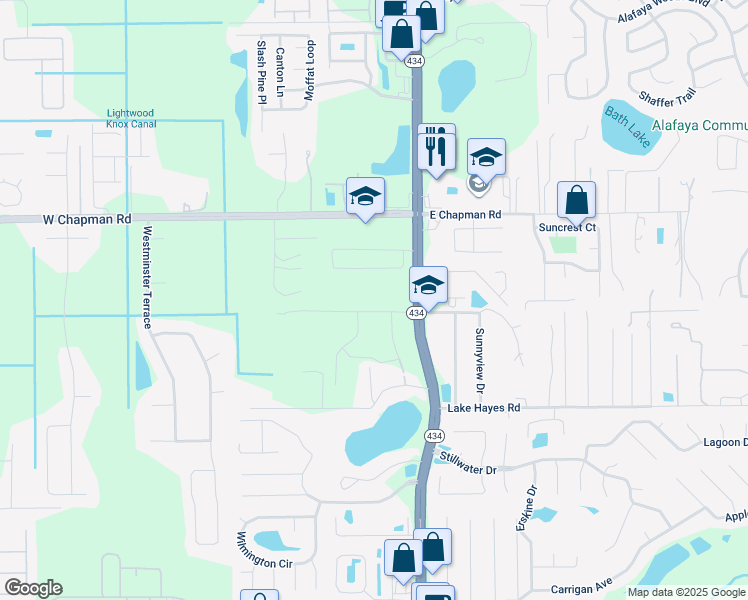 map of restaurants, bars, coffee shops, grocery stores, and more near 120 Beasley Road in Oviedo