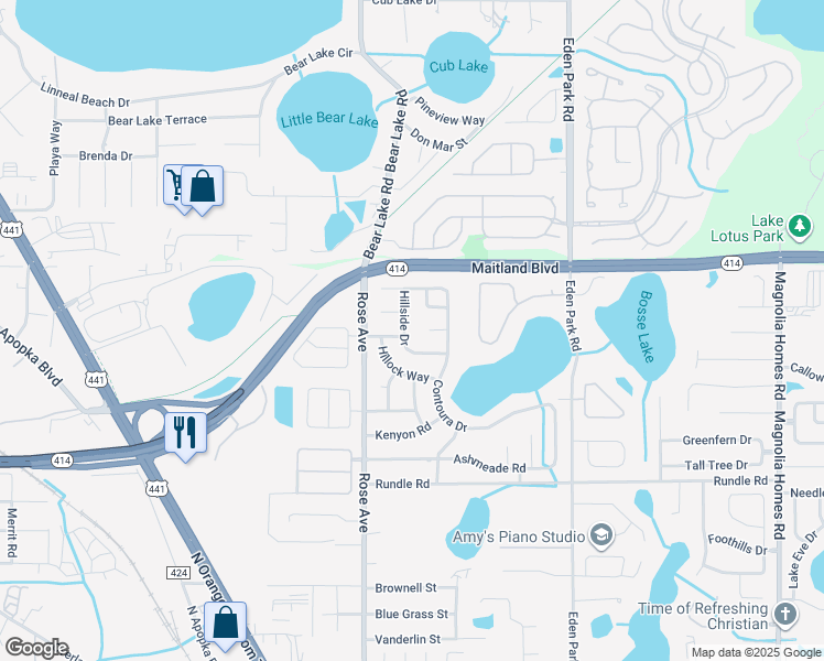 map of restaurants, bars, coffee shops, grocery stores, and more near 8671 Hillside Drive in Orlando