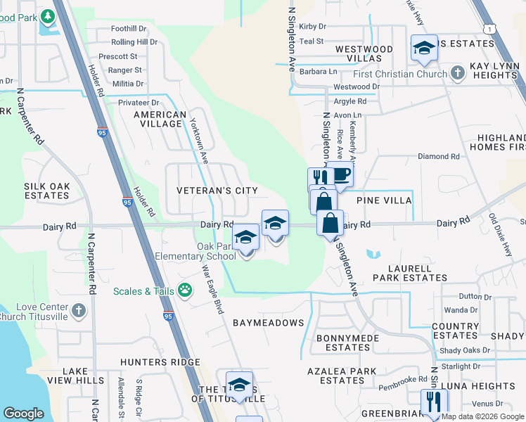 map of restaurants, bars, coffee shops, grocery stores, and more near 3518 Dairy Road in Titusville
