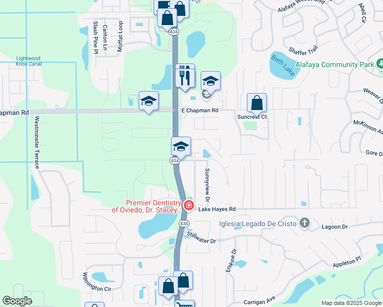 map of restaurants, bars, coffee shops, grocery stores, and more near 2144 Alafaya Trail in Oviedo