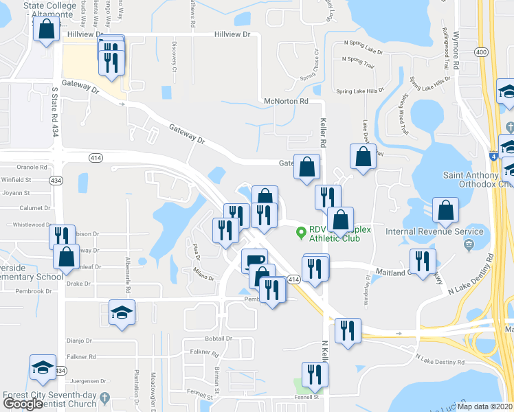 map of restaurants, bars, coffee shops, grocery stores, and more near 1958 Summit Park Drive in Orlando