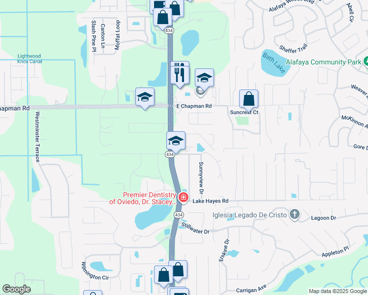 map of restaurants, bars, coffee shops, grocery stores, and more near 2144 Alafaya Trail in Oviedo