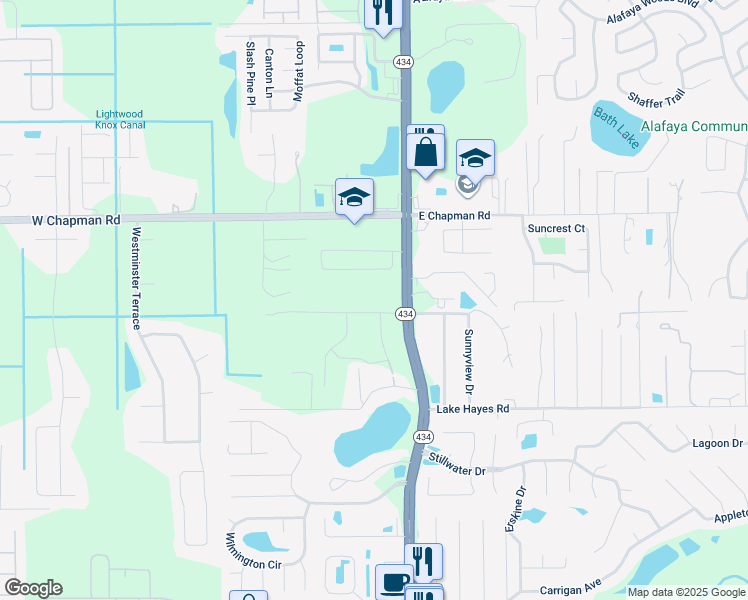 map of restaurants, bars, coffee shops, grocery stores, and more near 120 Beasley Road in Oviedo