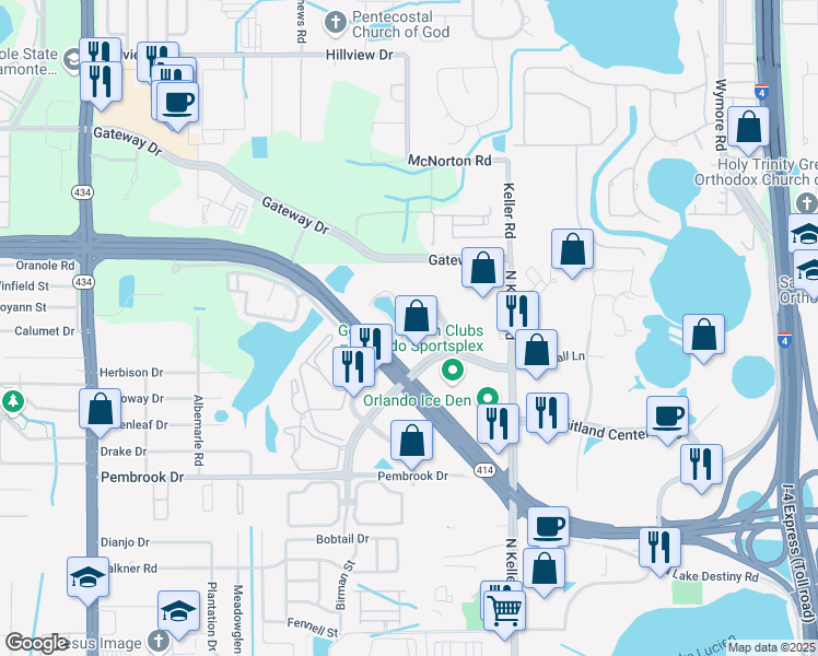 map of restaurants, bars, coffee shops, grocery stores, and more near 2001 Summit Park Drive in Orlando