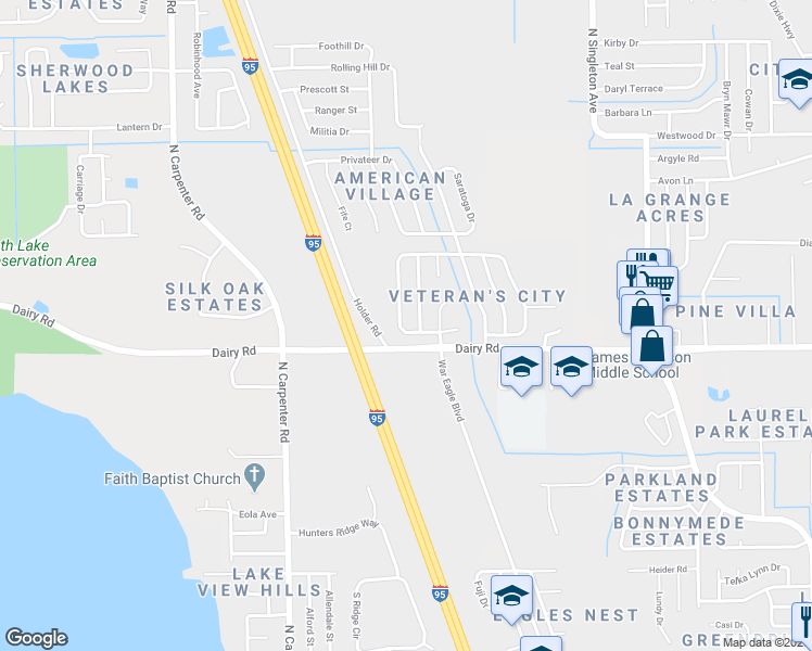 map of restaurants, bars, coffee shops, grocery stores, and more near 1523 West Powder Horn Road in Titusville