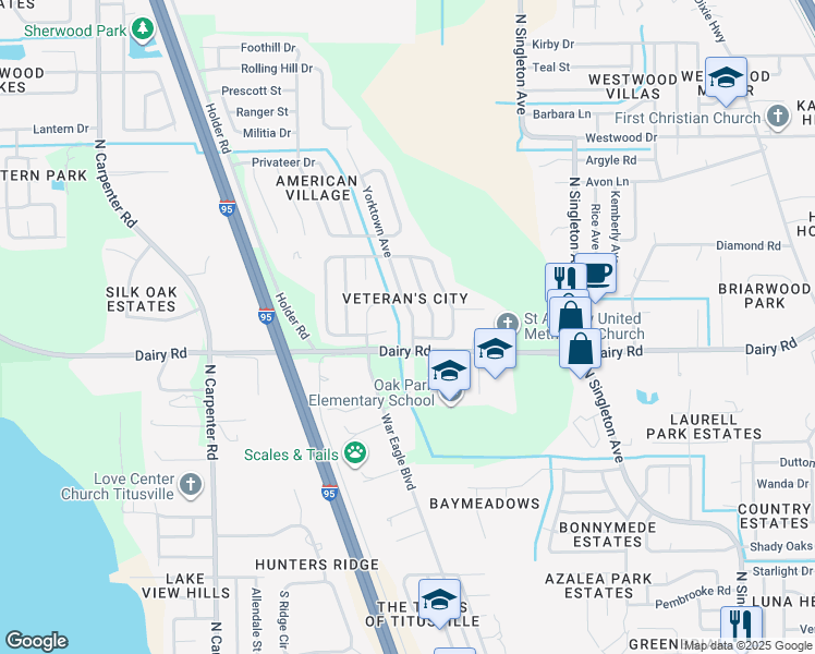 map of restaurants, bars, coffee shops, grocery stores, and more near 1530 Yorktown Avenue in Titusville