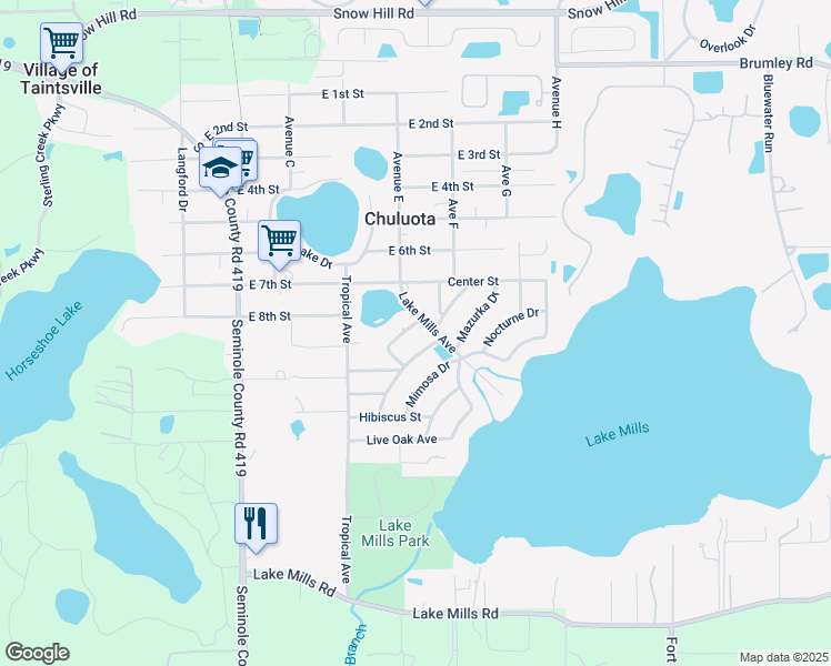 map of restaurants, bars, coffee shops, grocery stores, and more near 905 Emerald Drive in Chuluota