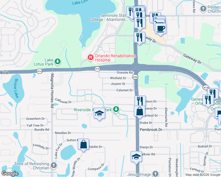 map of restaurants, bars, coffee shops, grocery stores, and more near 3109 Calumet Drive in Orlando