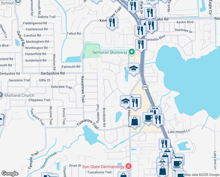 map of restaurants, bars, coffee shops, grocery stores, and more near 832 Woodside Road in Maitland