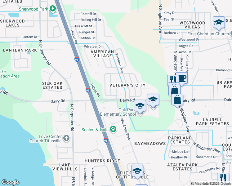 map of restaurants, bars, coffee shops, grocery stores, and more near 1520 Bunker Hill Court in Titusville
