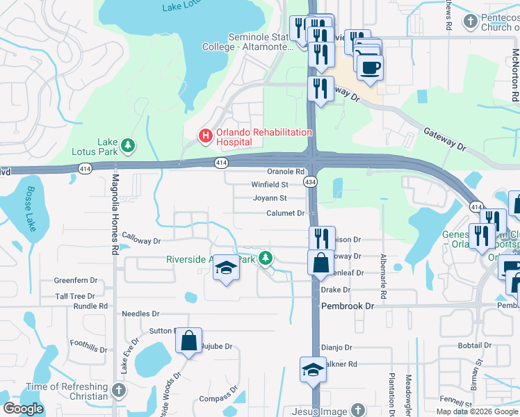 map of restaurants, bars, coffee shops, grocery stores, and more near 3109 Calumet Drive in Orlando