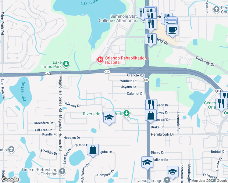map of restaurants, bars, coffee shops, grocery stores, and more near 3225 Calumet Drive in Orlando