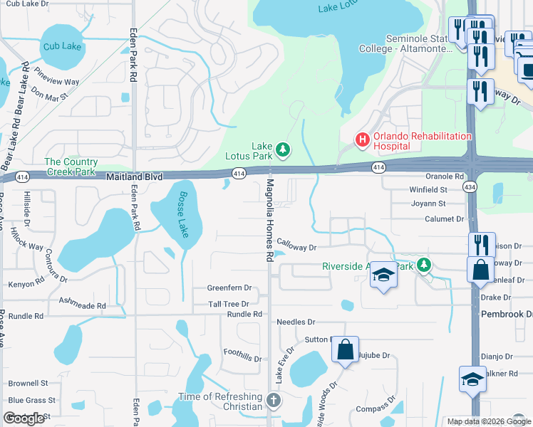 map of restaurants, bars, coffee shops, grocery stores, and more near 3903 Castell Drive in Orlando