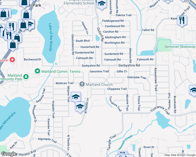 map of restaurants, bars, coffee shops, grocery stores, and more near 2050 Thunderbird Trail in Maitland