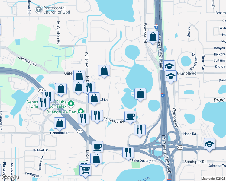 map of restaurants, bars, coffee shops, grocery stores, and more near 1000 Winderley Place in Maitland