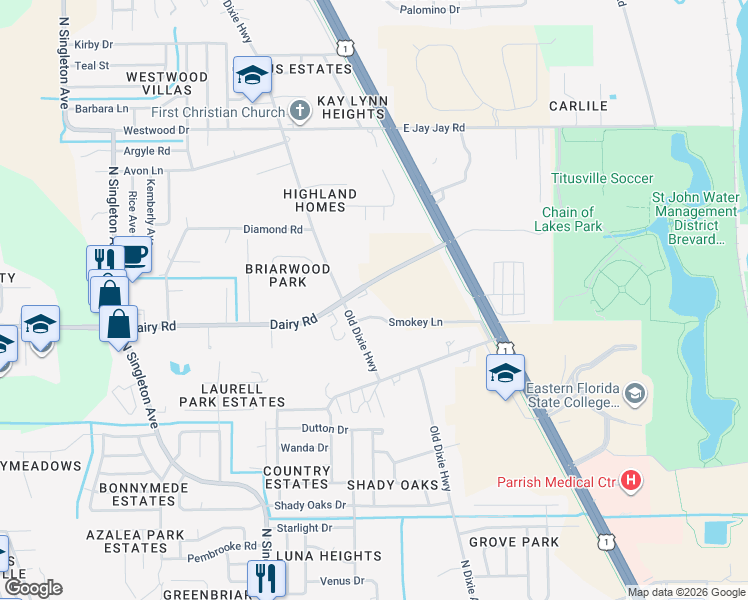 map of restaurants, bars, coffee shops, grocery stores, and more near 2665 Mimosa Ln in Titusville