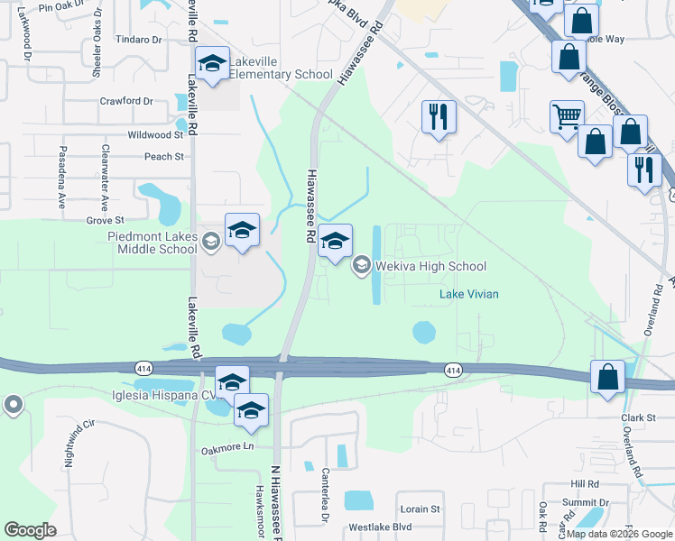 map of restaurants, bars, coffee shops, grocery stores, and more near 2501 N Hiawassee Rd in Apopka