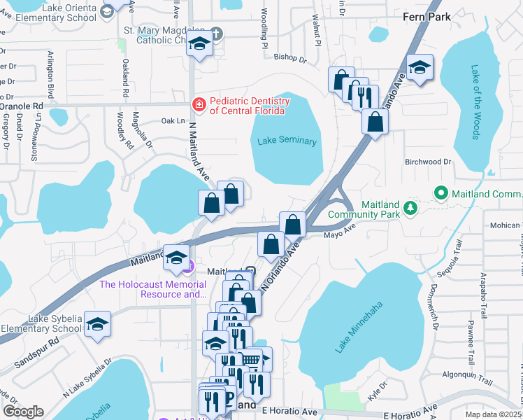 map of restaurants, bars, coffee shops, grocery stores, and more near 1250 North Maitland Avenue in Maitland