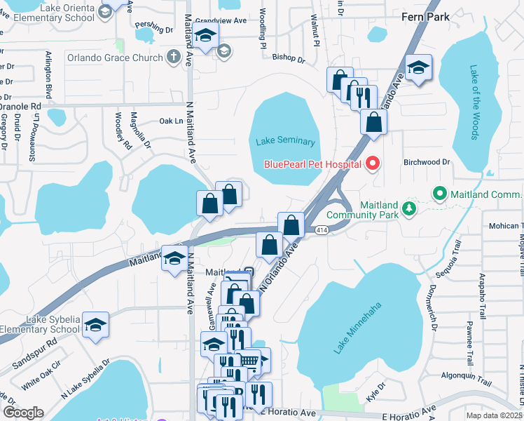 map of restaurants, bars, coffee shops, grocery stores, and more near 1250 North Maitland Avenue in Maitland
