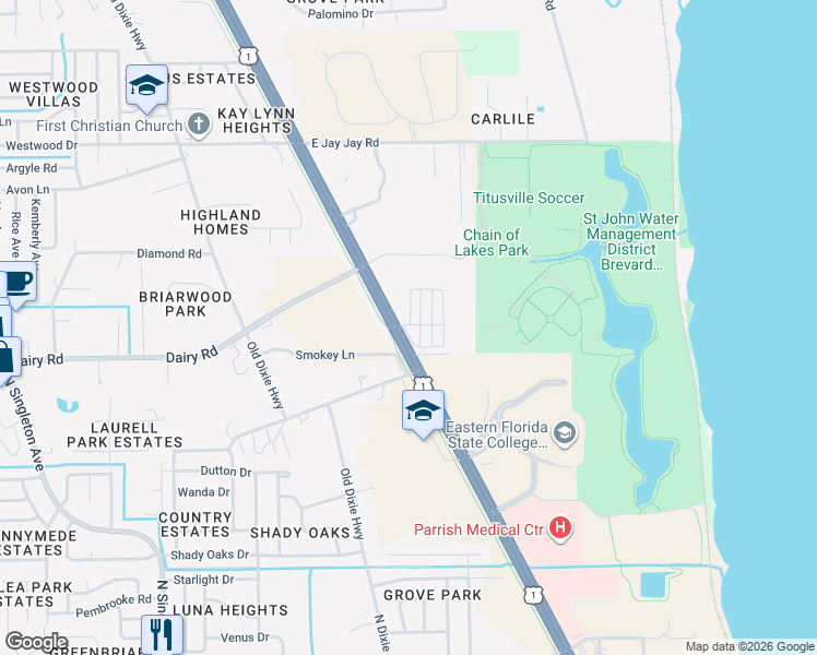 map of restaurants, bars, coffee shops, grocery stores, and more near 1481 U.S. 1 in Titusville