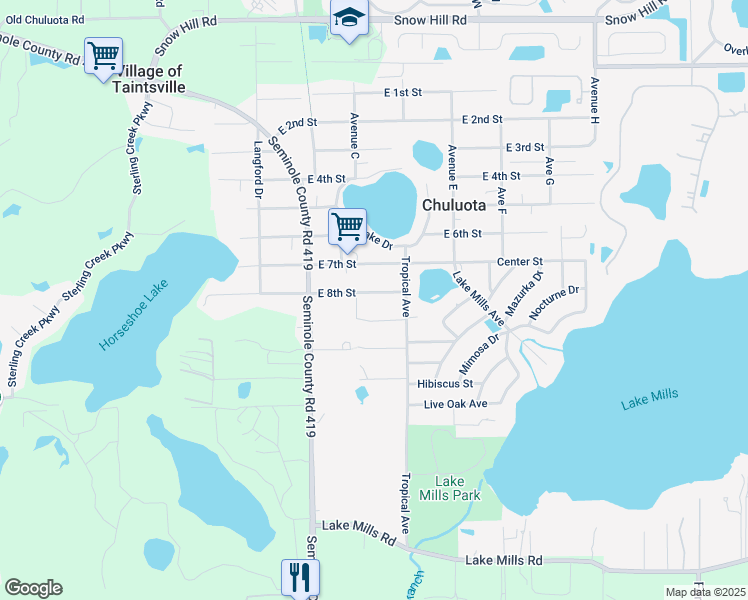 map of restaurants, bars, coffee shops, grocery stores, and more near 127 East 9th Street in Chuluota