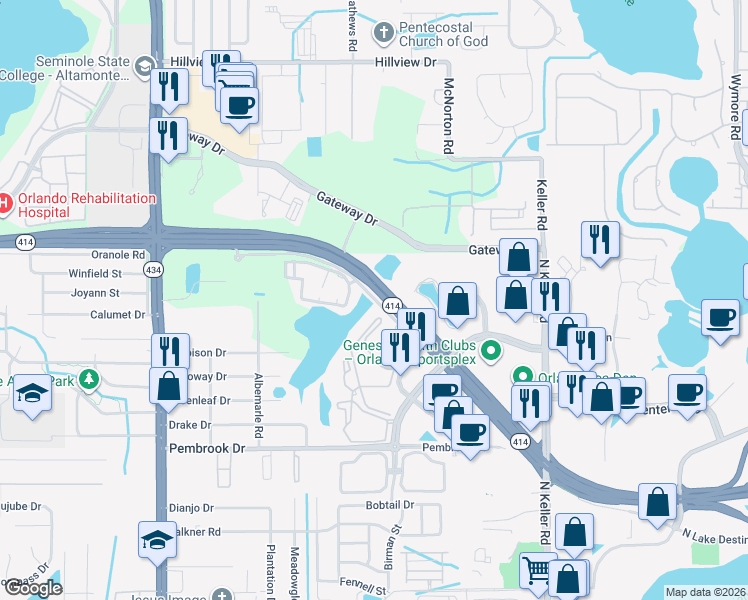 map of restaurants, bars, coffee shops, grocery stores, and more near 9213 Summit Centre Way in Orlando