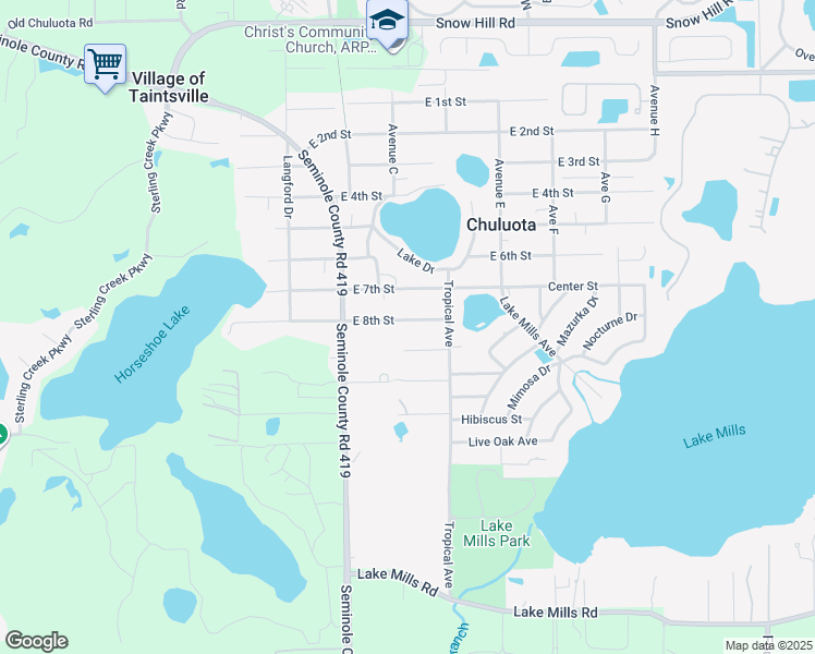 map of restaurants, bars, coffee shops, grocery stores, and more near 127 East 9th Street in Chuluota