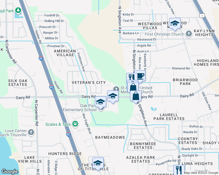 map of restaurants, bars, coffee shops, grocery stores, and more near 3545 Von Stuben Court in Titusville