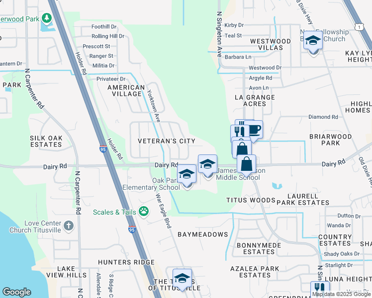 map of restaurants, bars, coffee shops, grocery stores, and more near 1540 East Powder Horn Road in Titusville