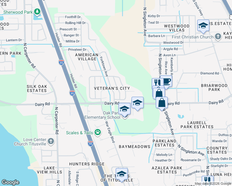 map of restaurants, bars, coffee shops, grocery stores, and more near 1555 Yorktown Avenue in Titusville