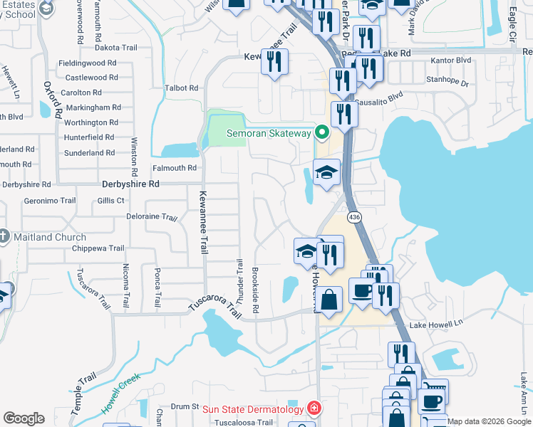 map of restaurants, bars, coffee shops, grocery stores, and more near 832 Woodside Road in Maitland